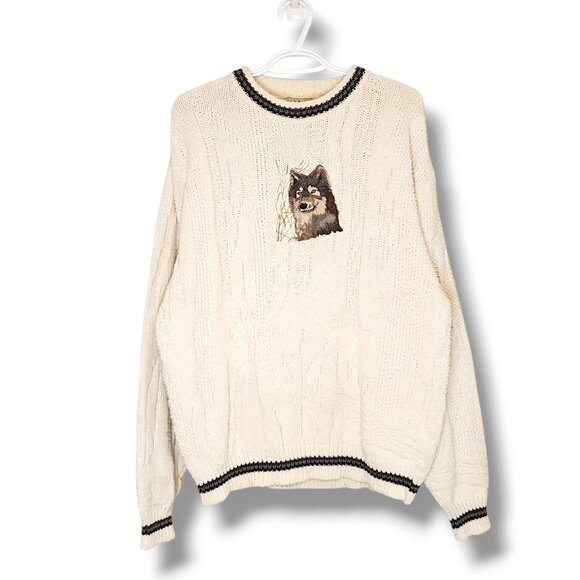 Vintage 90s Wolf Embroidered Knit Sweater White Size XL - Picture 1 of 4